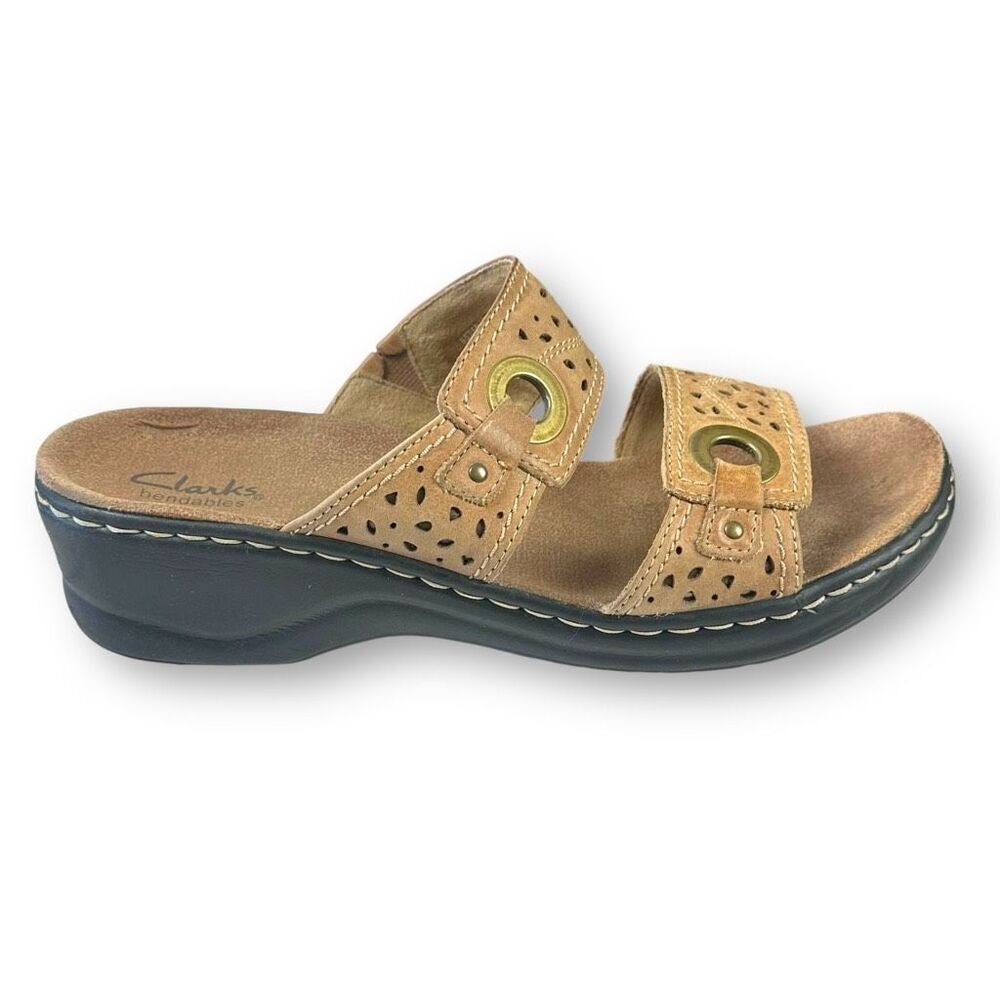 Clarks 9.5 Lexi Laurel Leather Slide Sandals Camel Tank Wedge‎ Southwestern Boho